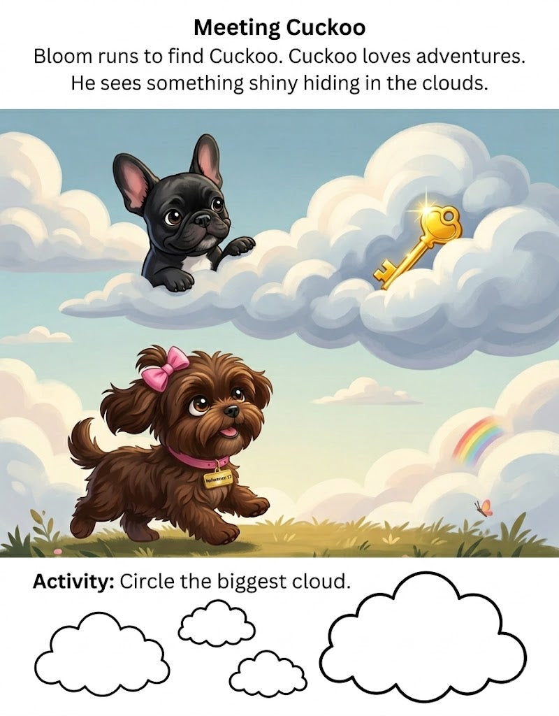 Bloom and friends magical rainy day printable storybook page with learning activity for preschoolers